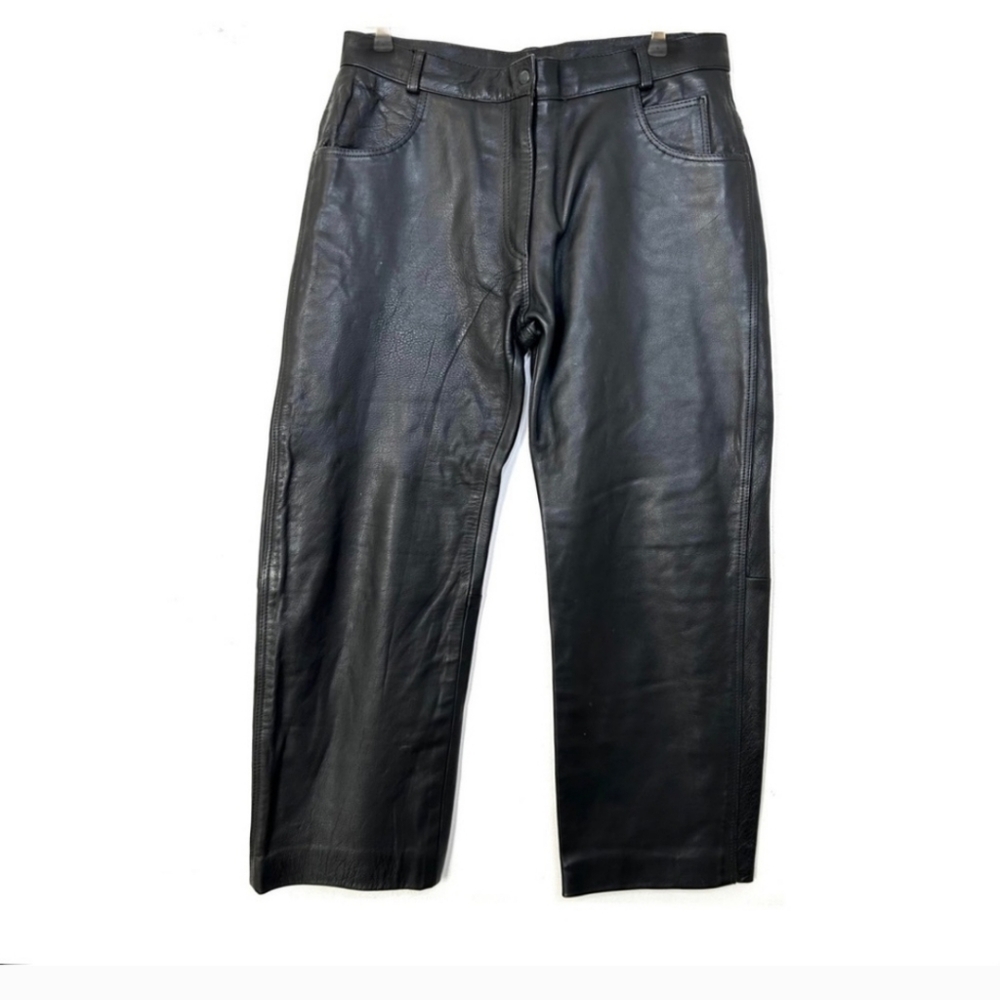 Vintage 90s Leather Barrel Leg High Rise Trousers Black Biker Moto Rare Size XL